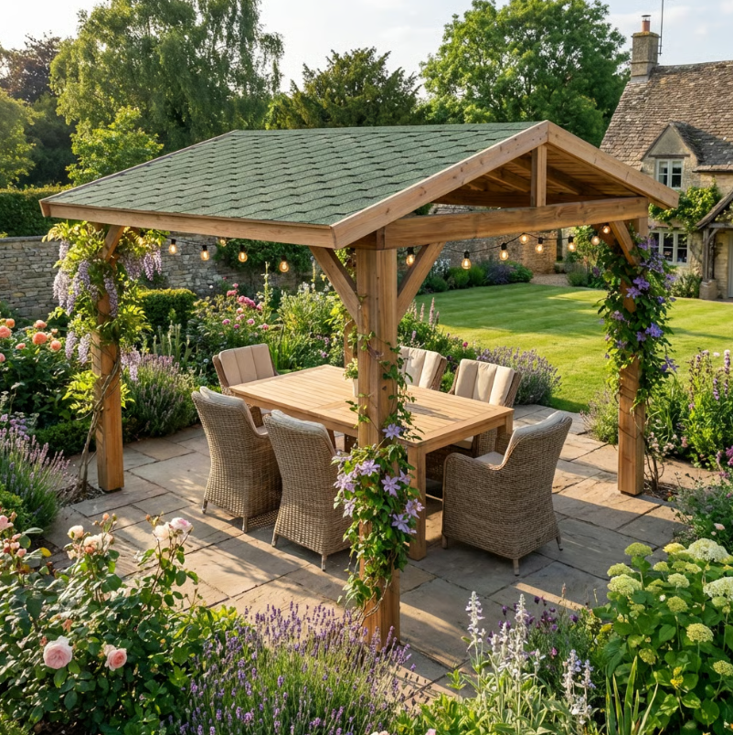 Ruby Rough Sawn Cedar Pergola with Katepal Green Shingle Roof – No Overhang Design