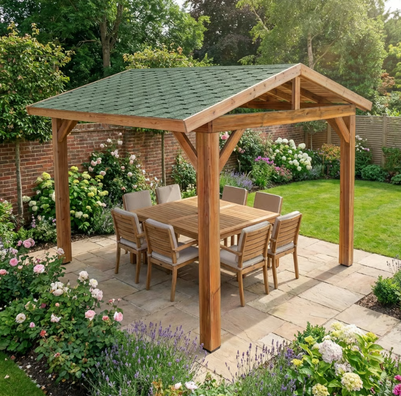 Ruby Rough Sawn Cedar Pergola with Katepal Green Shingle Roof – No Overhang Design