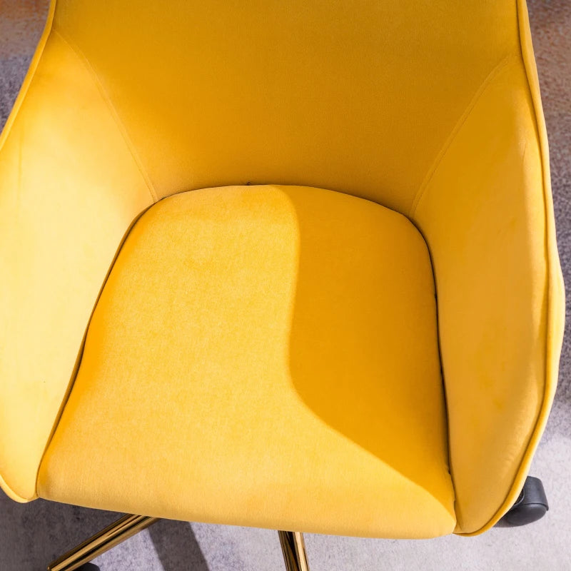 Ergonomic Yellow Velvet Swivel Office Chair with Gold Legs and Adjustable Height, 58x58x86 cm