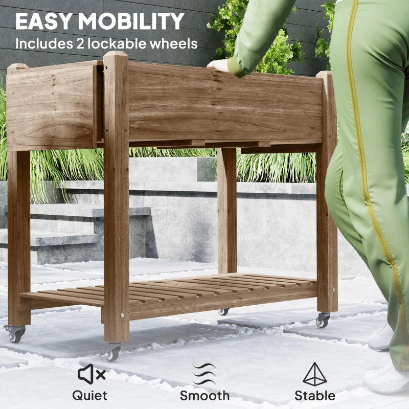 Wooden Elevated Planter Box with Lockable Wheels, Side Tables, and Bottom Shelf - Carbonised 120cm Garden Bed for Vegetables, Flowers, and Fruits