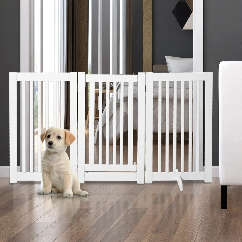 PawHut Freestanding Expandable Dog Gate - MDF Wood Pet Barrier with Latch Door for Doorway - White