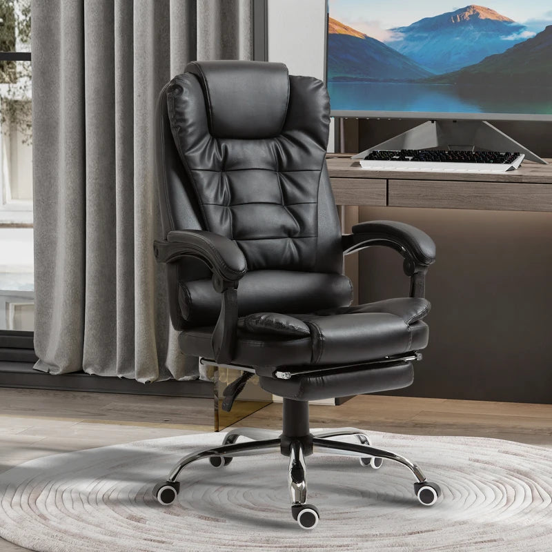 Executive PU Leather Office Chair with Swivel Wheels, Reclining Backrest & Retractable Footrest - Ergonomic Black Home Office Seating
