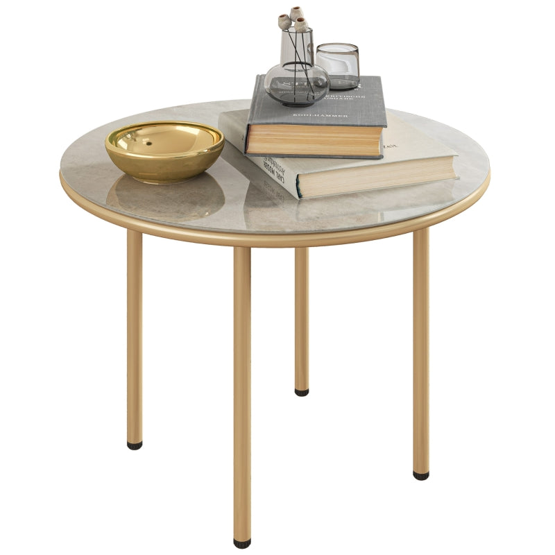 60cm Round Small Garden Table - Outdoor Side Table with Faux Marble Top, Steel Frame, Beige