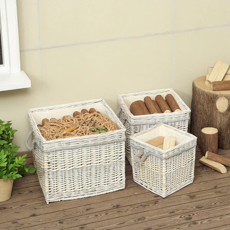 Set of 3 Beige Round Log Baskets with Lining & Rope Handles - Ideal for Wood Burner, Fireside Storage & Blankets
