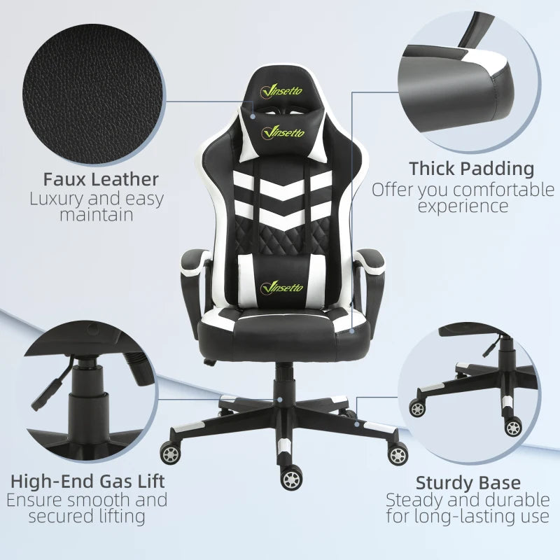 Vinsetto Gaming Chair - Ergonomic Computer Desk Chair with Lumbar Support, Faux Leather, Headrest & Swivel Wheels - Black & White