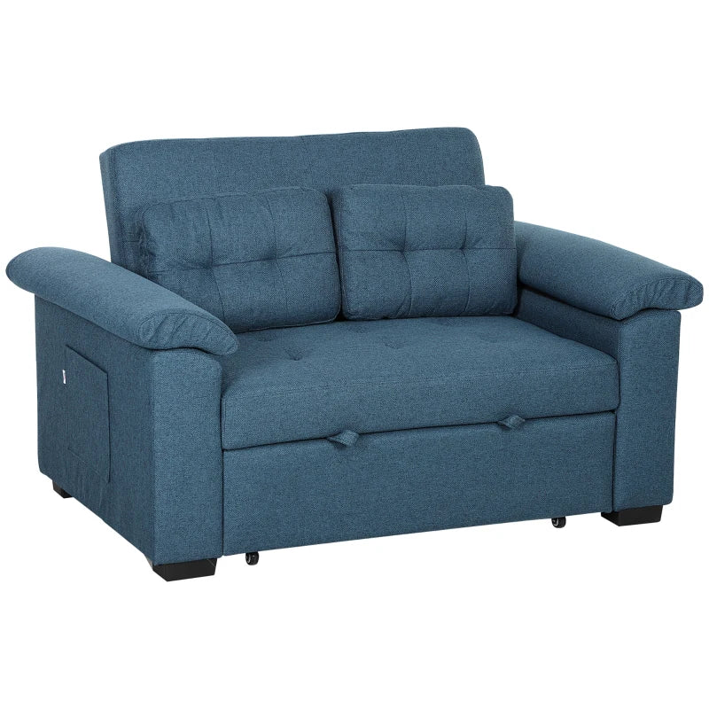 Fabric 2-Seater Click Clack Sofa Bed with Pocket Springs, Convertible Couch with Pillows and Side Pockets in Blue