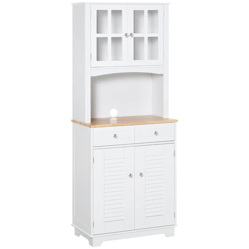 Modern Louvered Kitchen Cupboard - Stylish Storage Cabinet with Framed Glass Doors & 2 Drawers in White
