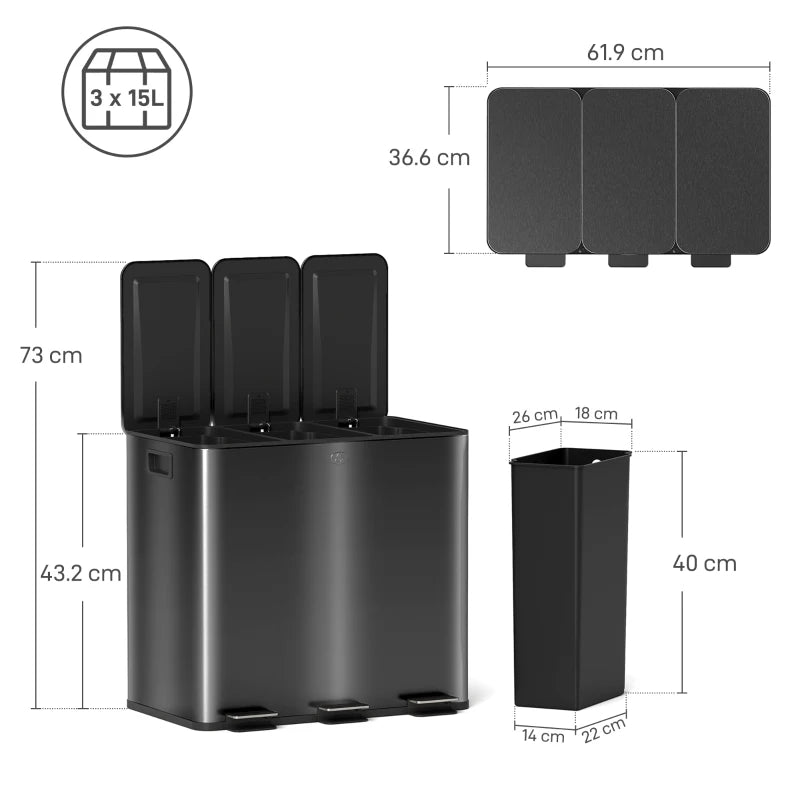 3 x 15L Steel Pedal Bin Set - Triple Kitchen Trash Can with Soft Close Lid, Removable Buckets, Fingerprint-Proof, Black