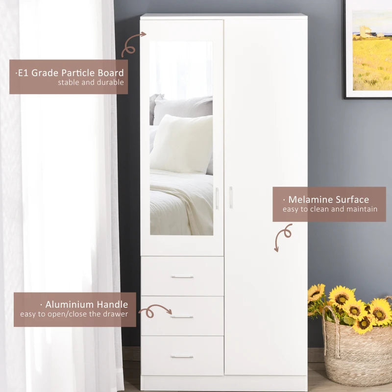 Modern 2 Door Mirrored Wardrobe with 3 Drawers and Adjustable Shelves for Bedroom