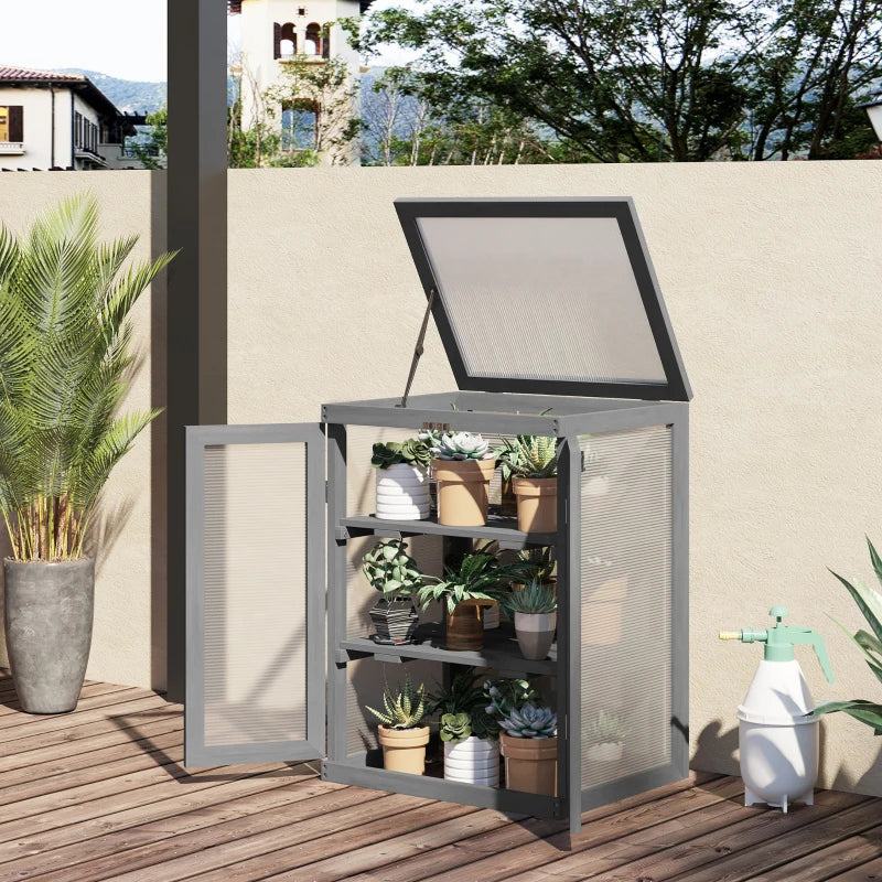 3-Tier Dark Grey Wood Greenhouse with Storage Shelf for Plants