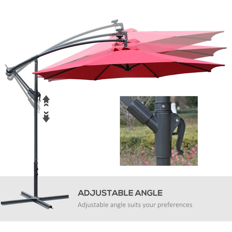 LED Solar Umbrella Parasol - Wine Red, 2.95x2.45m