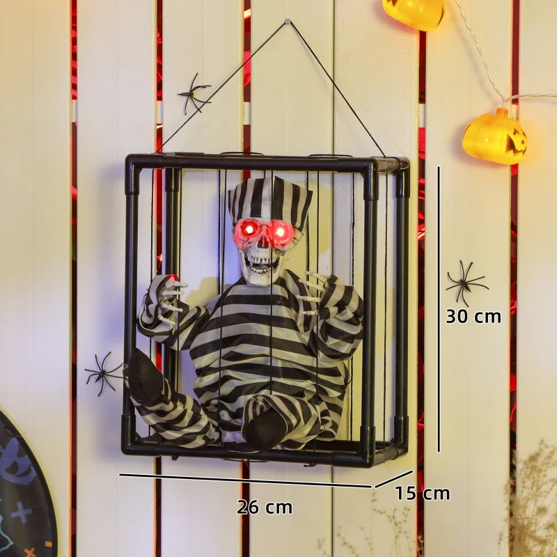 Halloween Animated Skeleton Prisoner in Cage with Glowing LED Eyes - Spooky Battery Operated Indoor Decorations for Parties