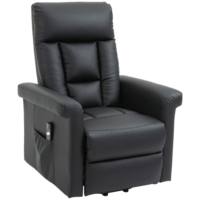 Power Lift Recliner Chair for Elderly - PU Leather Armchair with Extended Footrest, Remote Control and Side Pocket, Black