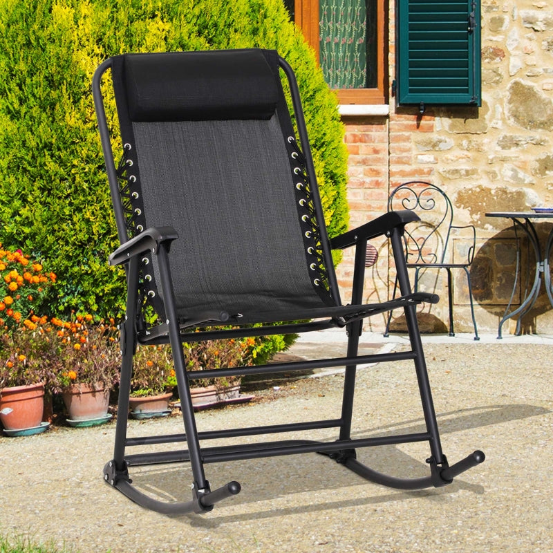 Black Folding Rocking Chair with Headrest for Outdoor Use