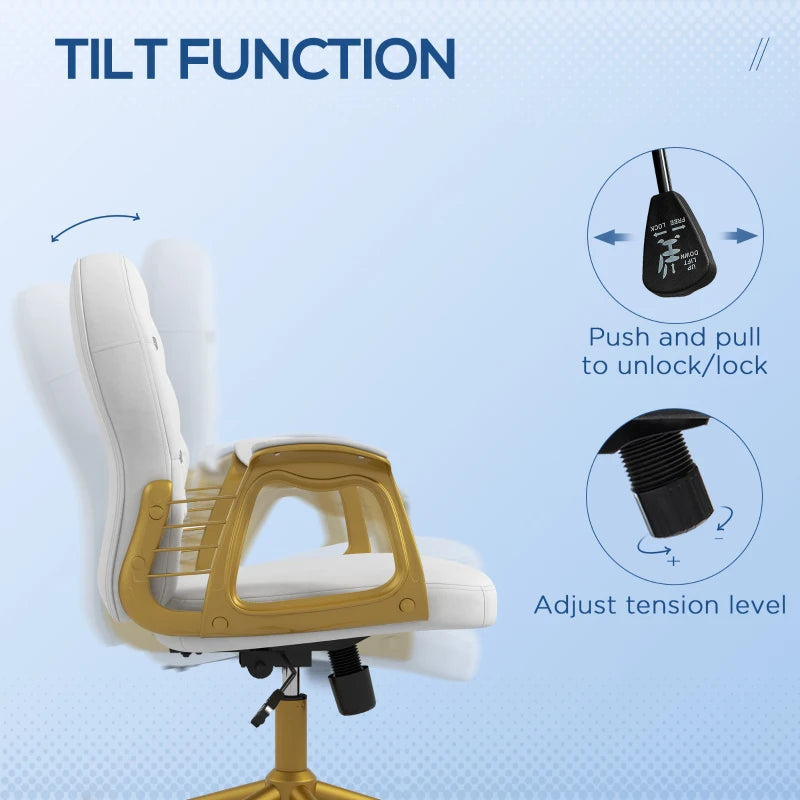 Vinsetto Cream White Height Adjustable Office Chair - Button Tufted Computer Chair with Padded Armrests & Tilt Function