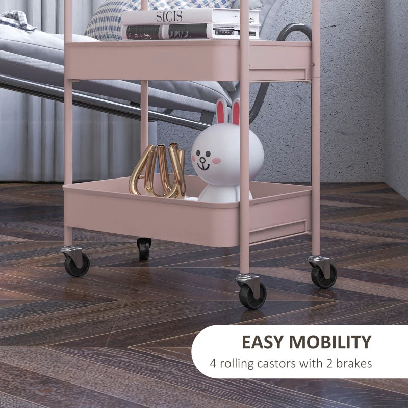 Three Tier Pink Steel Storage Trolley for Kitchen and Home Organization