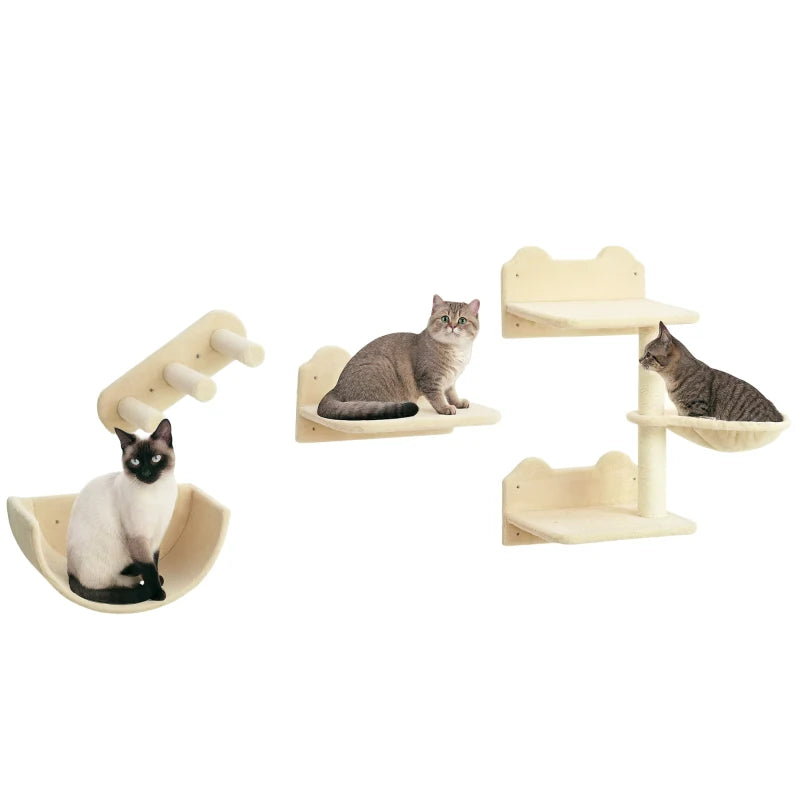 4PC Wall-Mounted Cat Shelves Set with Scratching Post, Hammock & Nest - Beige Cat Furniture for Climbing & Relaxing