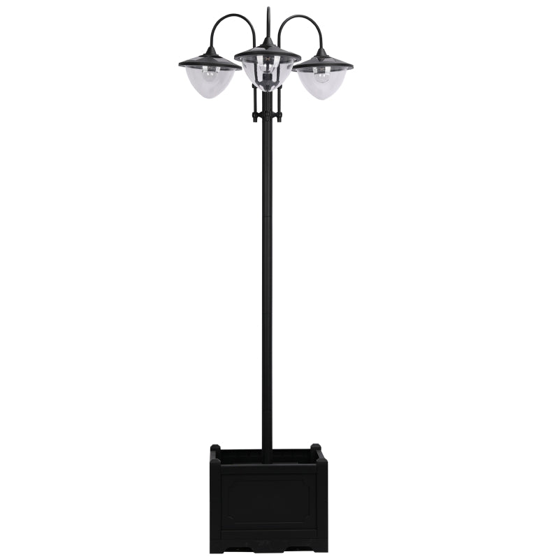 189cm 3-Head Solar Lamp Post with Planter Automatic On 6 Hour Max Outdoor LED Street Light Black