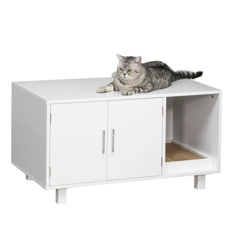 Wooden Cat Litter Box Enclosure with Nightstand Design, Scratching Post & Magnetic Doors - Stylish White Cat House
