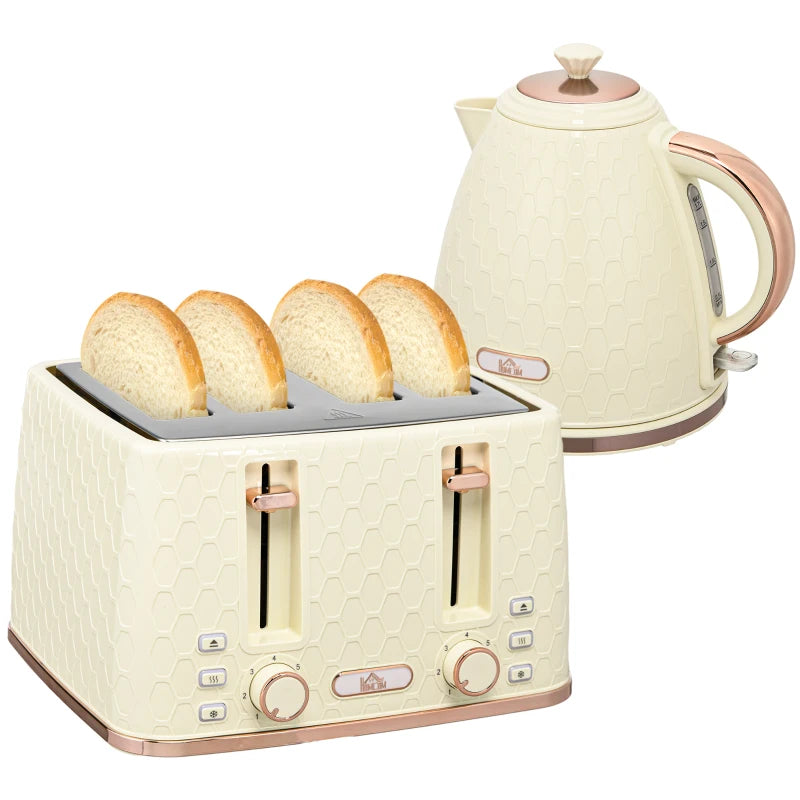 Beige Kettle and Toaster Set - 1.7L Fast Boil Jug Kettle & 4 Slice Toaster with 7 Browning Levels