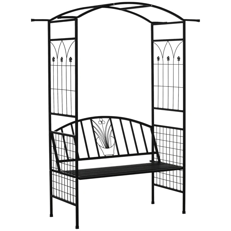 Black Steel Garden Arch with 2-Seater Bench for Flower Climbing