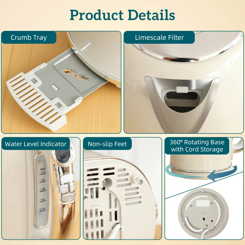 Polished Retro Cream Kettle and Toaster Set - Stylish 40-100°C Temperature Control for Modern Kitchens