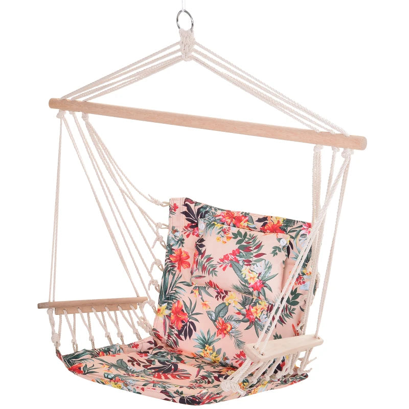 Multicoloured Floral Hanging Hammock Chair with Wooden Arms
