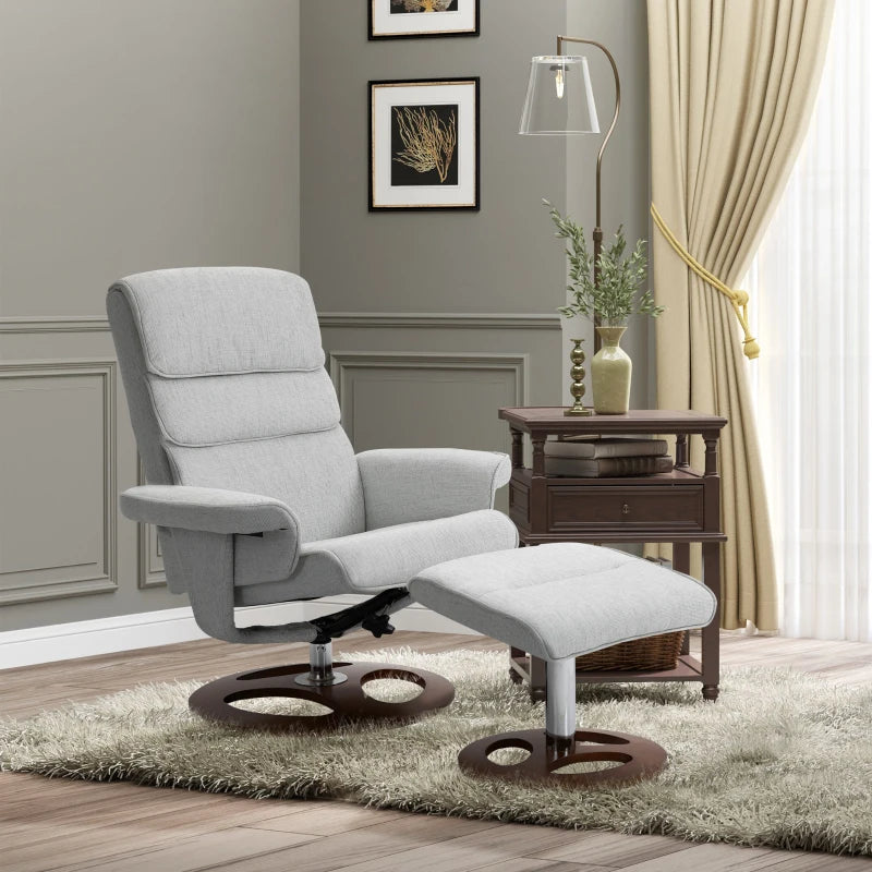 Modern Grey Recliner Chair and Ottoman Set with 360° Swivel, Soft Padding and Wooden Base