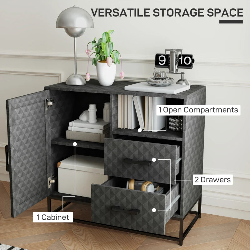 Modern Grey Sideboard Storage Cabinet with Adjustable Shelf, Open Compartment & 2 Drawers - Freestanding Furniture for Living Room