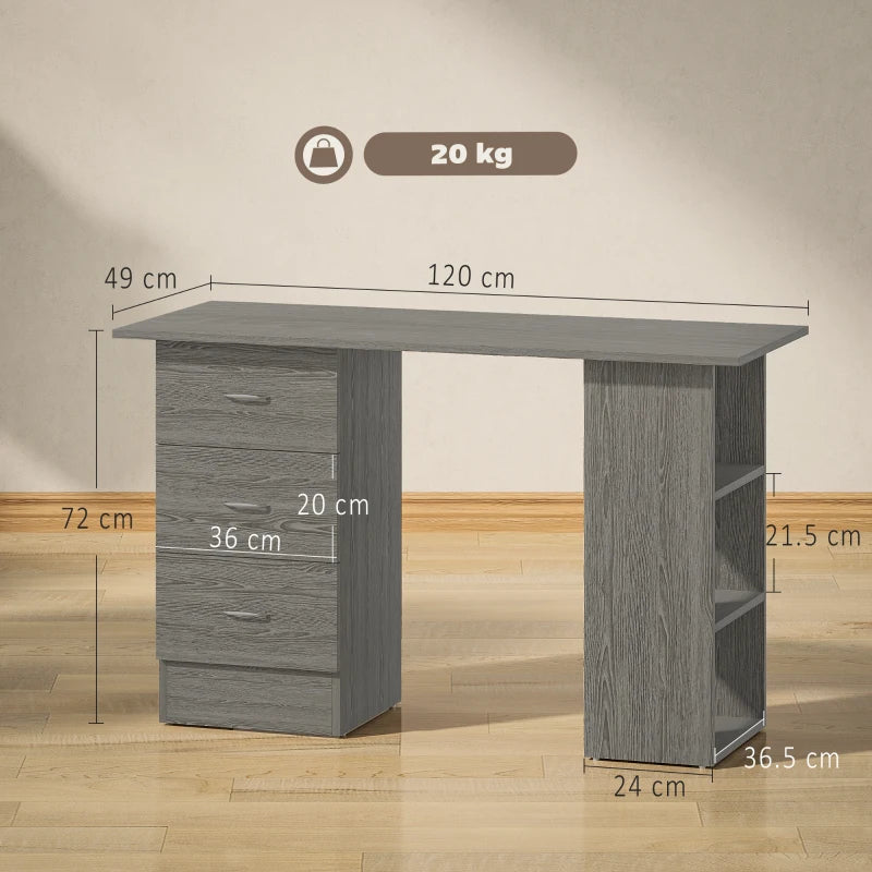 Modern Grey Computer Desk with 3 Storage Shelves & Drawers, Stylish Writing Table for Home Office, Silver Handle Workstation