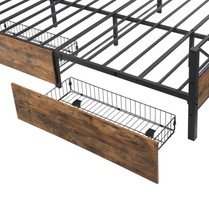 Sturdy Metal Double Bed with 2 Storage Drawers - Iron Frame & MDF, Black, 198L x 137W x 116H cm for Adults & Teens
