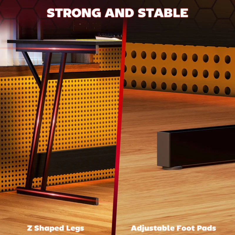 Two-Level LED Gaming Desk - Black | Modern Ergonomic Design with RGB Lighting for Ultimate Gaming Experience