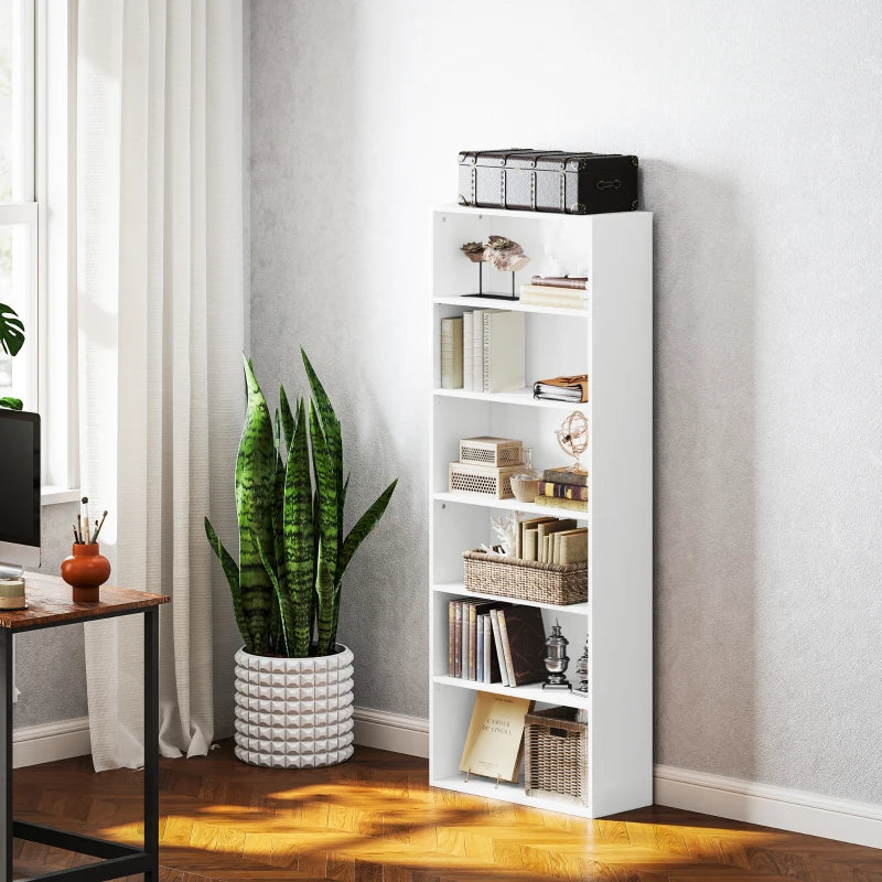 Modern White Six Shelf Bookcase - Stylish Storage Solution for Home or Office, Perfect for Organizing Books and Decor