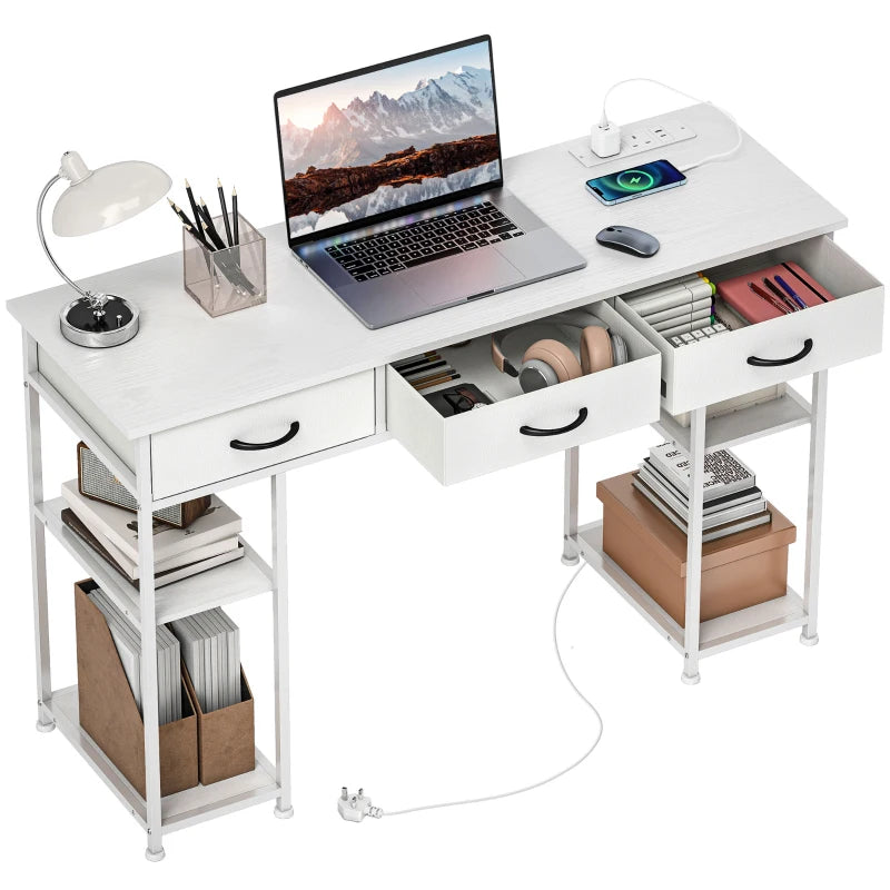 120cm White Computer Desk with Power Outlets, 3 Fabric Drawers & 4 Storage Shelves - Ideal Office Study Table