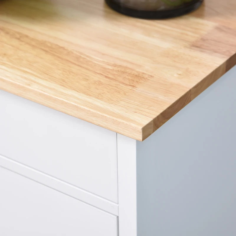 Versatile Kitchen Trolley on Wheels - White Kitchen Island with Wood Top, 3 Shelves & Storage Cupboard