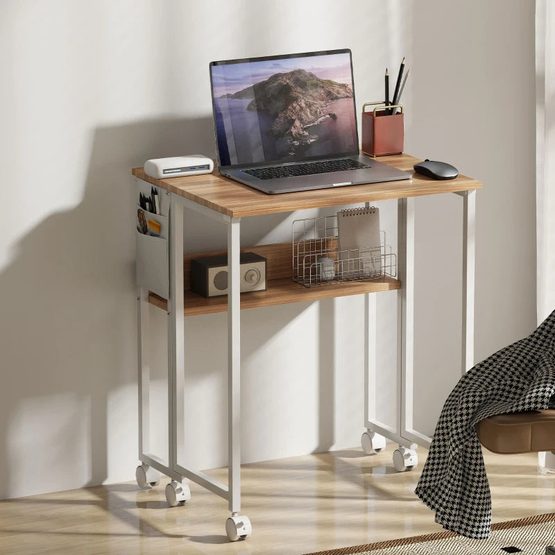 63 cm Drop Leaf Writing Desk - Natural Wood Finish, Compact Home Office Table, Space-Saving Design for Small Rooms
