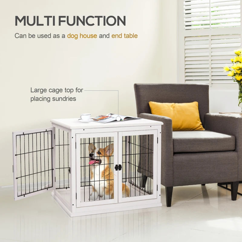 Stylish Dog Crate Furniture - Puppy End Table Kennel with 2 Doors for Medium & Small Dogs, White, 81x58.5x66 cm