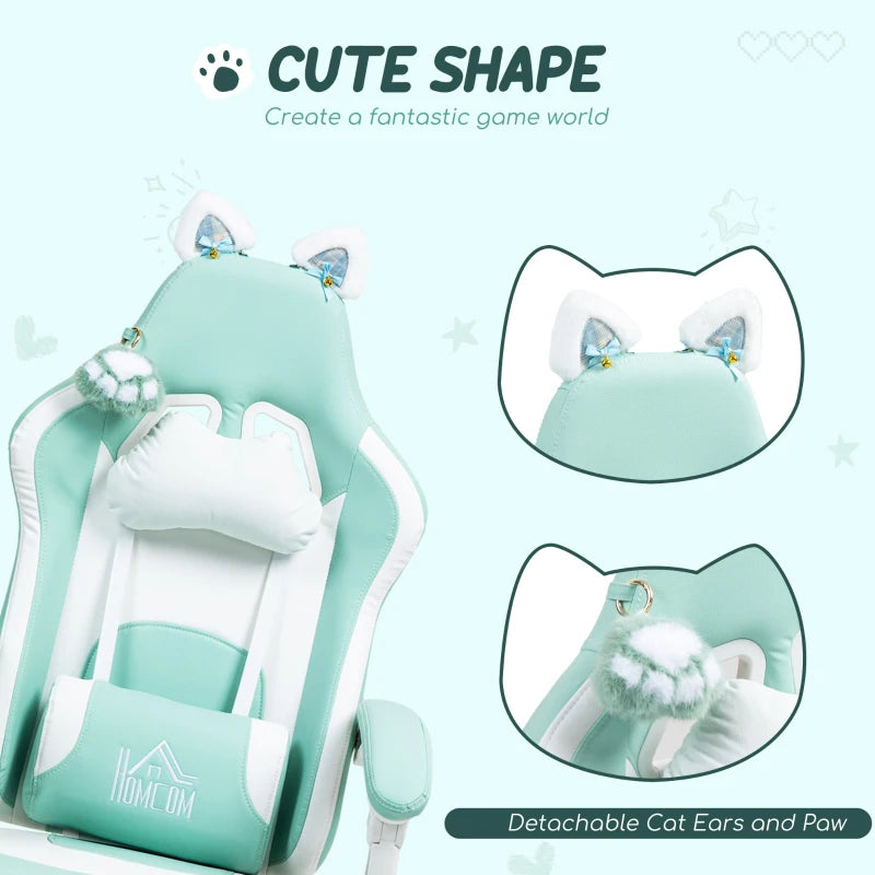 Cat Ear and Paw Reclining Office Chair with Footrest - Cute Light Blue/White Design for Comfort and Style