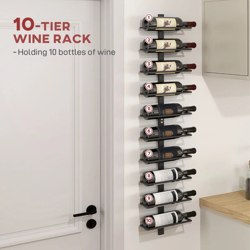 10-Tier Wall Mount Wine Rack - Steel Wine Bottle Holder for Kitchen, Dining Room & Home Bar - Black Display Rack