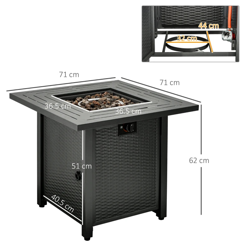 Square Propane Gas Fire Pit Table 40000 BTU - Smokeless Rattan Patio Heater with Cover, Lava Rocks & Lid - 71cm Black