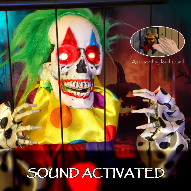 Spooky Animated Clown in Cage with LED Eyes - Scary Halloween Decoration, Battery Operated Indoor Party Prop