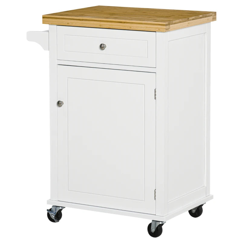 Stylish White Wooden Kitchen Cart Storage Trolley with Drawer, Cupboard & Towel Rail - Perfect for Organizing Your Kitchen