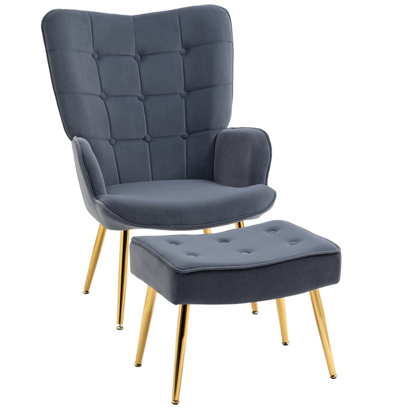 Stylish Velvet Wingback Armchair with Footstool for Living Room, Bedroom or Home Office in Dark Grey