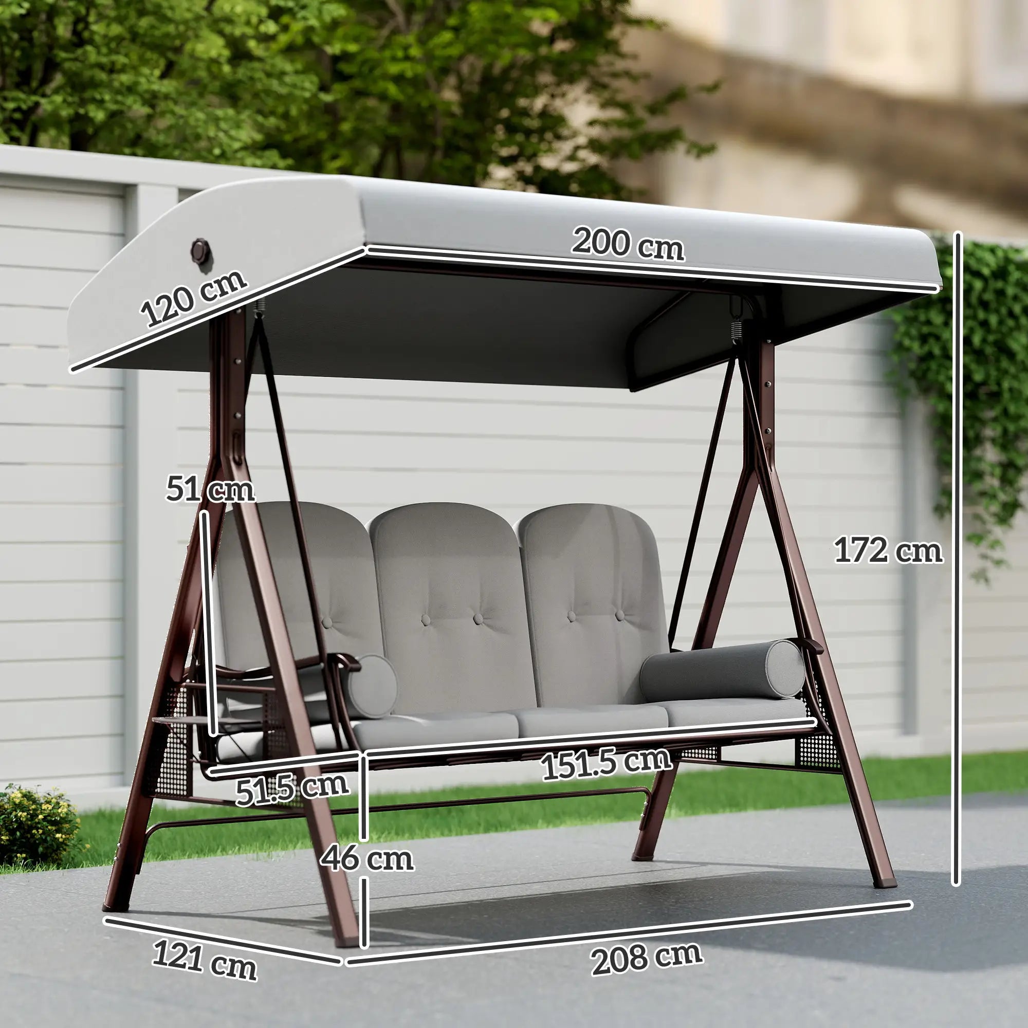 3 Seater Garden Swing Chair with Adjustable Canopy, Cushioned Outdoor Patio Swing Seat, Heavy-Duty Steel Frame, Cup Holder Trays, Weather-Resistant Light Grey Canopy Swing Bench for Garden