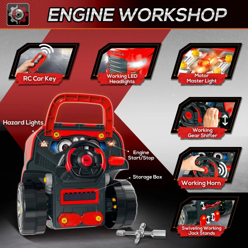 Kids Truck Engine Toy Set Educational Car Service Station Playset Take Apart Workshop with RC Car Key Steering Wheel Horn Light for Toddlers Ages 3 to 5 Red