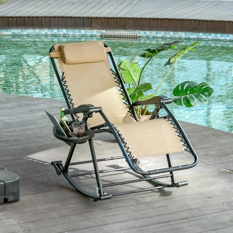 Beige Folding Rocking Sun Lounger Chair with Headrest and Side Holder
