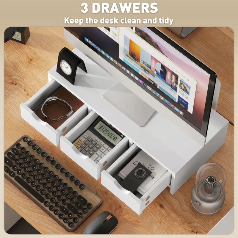 White Monitor Stand Riser with 3 Drawers - Laptop & PC Holder, 51x24x13cm, Ideal for Small Printers & Desks