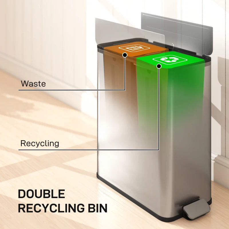 Dual Kitchen Bin with Soft-Close Butterfly Lid - 2x28L Stainless Steel Pedal Bin, Fingerprint-Proof for Recycling & Waste, Silver
