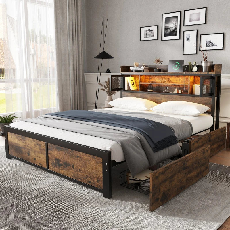 Metal Double Bed with LED Light Strip, USB Ports & 2 Drawers - Sturdy Iron Frame, Black, 207x135.5x83.5 cm