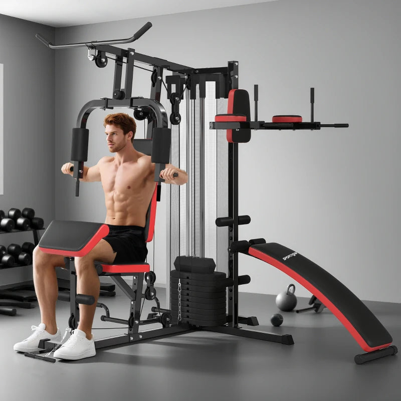 Multi Gym Workout Station with 65kg Weight Stack Sit Up Bench Push Up Stand and Dip Station for Home Fitness